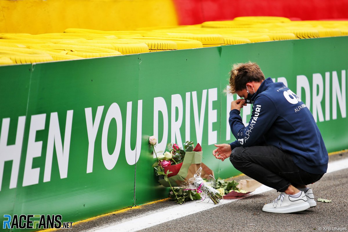Pierre Gasly at the scene of Anthoine Hubert's fatal crash, Spa, 2020