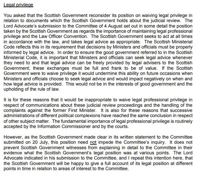 This was John Swinney's reasoning why govt shouldn't waive privilege and reveal legal advice about the judicial review - lawyers need to feel able to offer "free and frank" views and publishing them could "undermine this ability on future occasions"