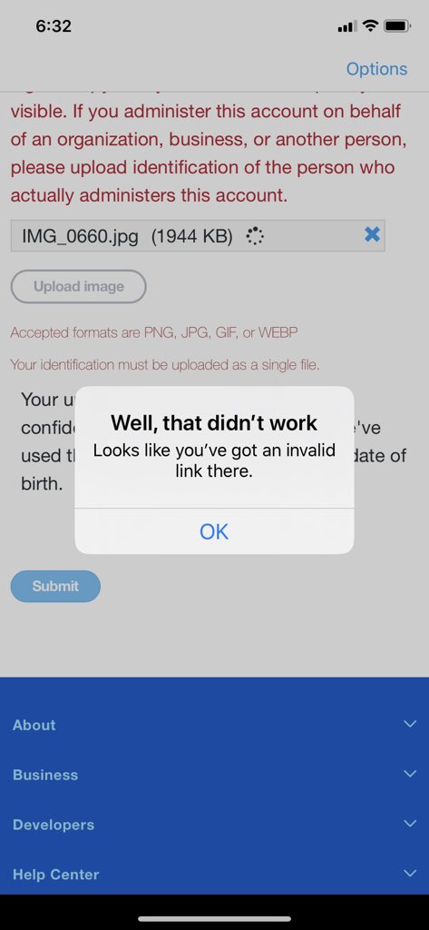 abock82's tweet photo. @TwitterSupport We have been trying to upload proof of identification to unlock an account but keep receiving the same message. https://t.co/2nNztoCx3k