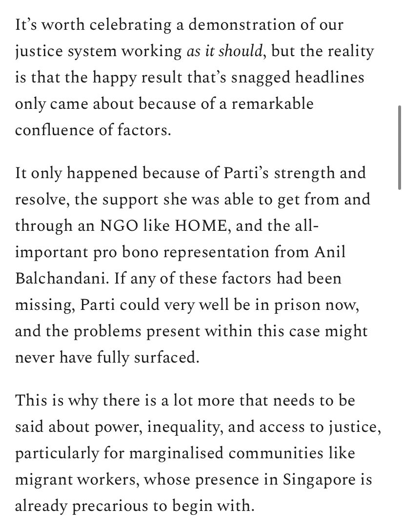 The main point I want to make with this issue of  #wethecitizens is that Parti Liyani is only vindicated today ‘cos of a very remarkable confluence of factors, which isn’t always available to migrant workers in trouble.  https://wethecitizens.substack.com/p/the-acquittal-of-parti-liyani-power