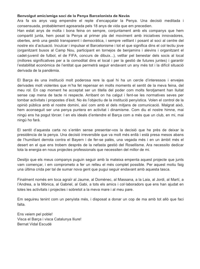 Carta del President de la Penya als socis