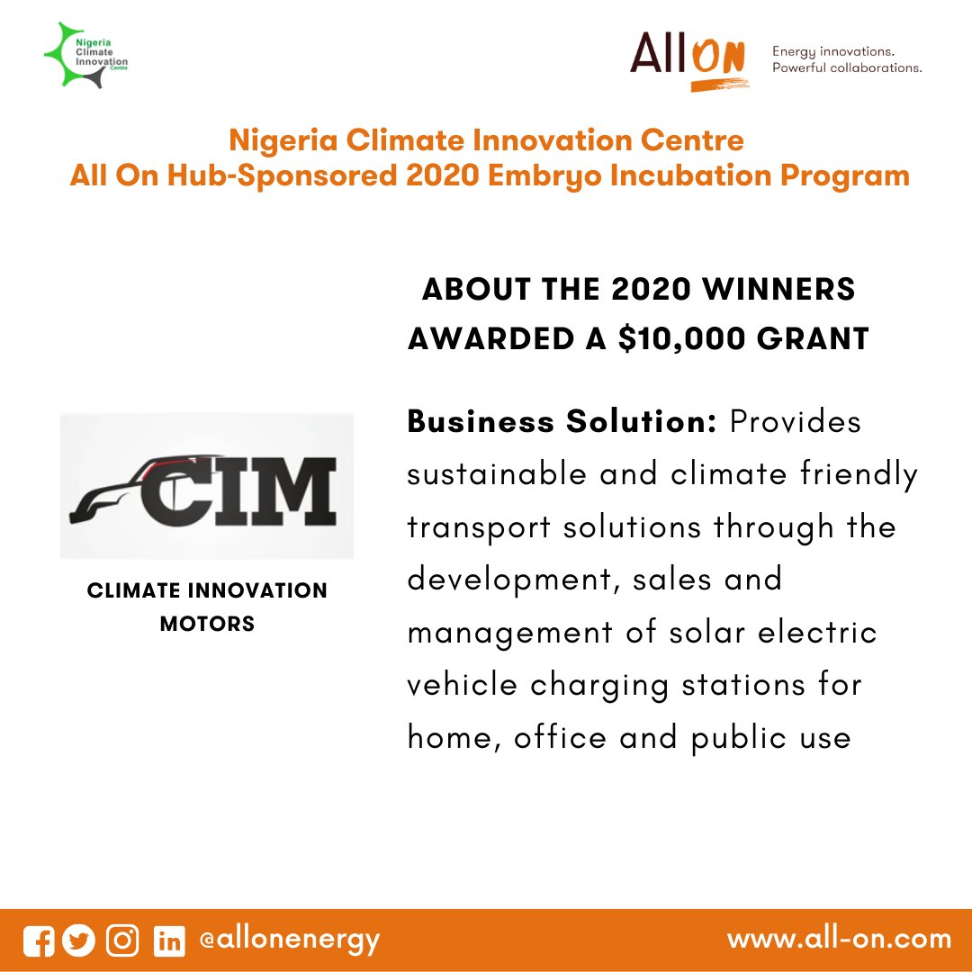 AllOnEnergy's tweet photo. 8. #ClimateInnovationMotors: Business solution - Provides sustainable and climate-friendly transport solutions through the development, sales and management of solar electric vehicle charging stations for home, office and public use. #EmbryoIP #AllOnHub https://t.co/rGzJRf05nj