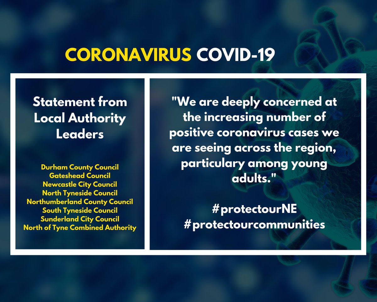 ❗️COVID-19 – Statement from all North East local authority leaders❗️

Infection rates are rising quickly. We cannot allow it to get out of control. Please work with us and do your bit to keep our great region safe.