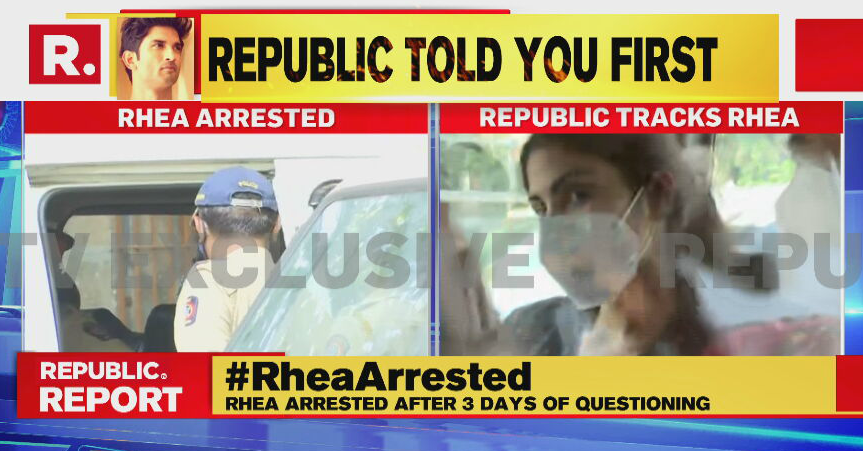 republic's tweet photo. #RheaArrested | Rhea Chakraborty tracked after her arrest, tune in for LIVE updates coming in here - https://t.co/RZHKU3wOei https://t.co/66onkKCKbd