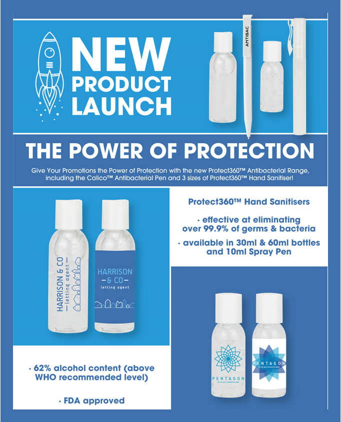 ProductSourcePS's tweet photo. New Product Launch! 🚀⠀
⠀
The Protect360 Range is now here! Including Antibacterial Calico Pen and Hand Sanitisers in 3 sizes! ⠀
⠀
Get in touch with your preferred promo product distributor today...⠀ https://t.co/SpMESPHuyk