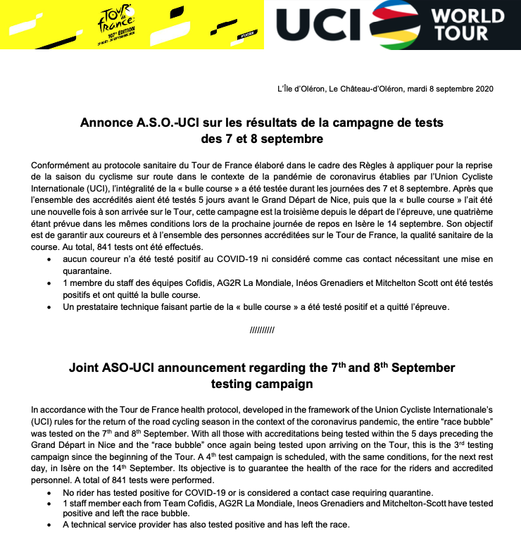 LeTour's tweet photo. OFFICIAL PRESS RELEASE
 COMMUNIQUE OFFICIEL

#TDF2020 https://t.co/b5529teCvS