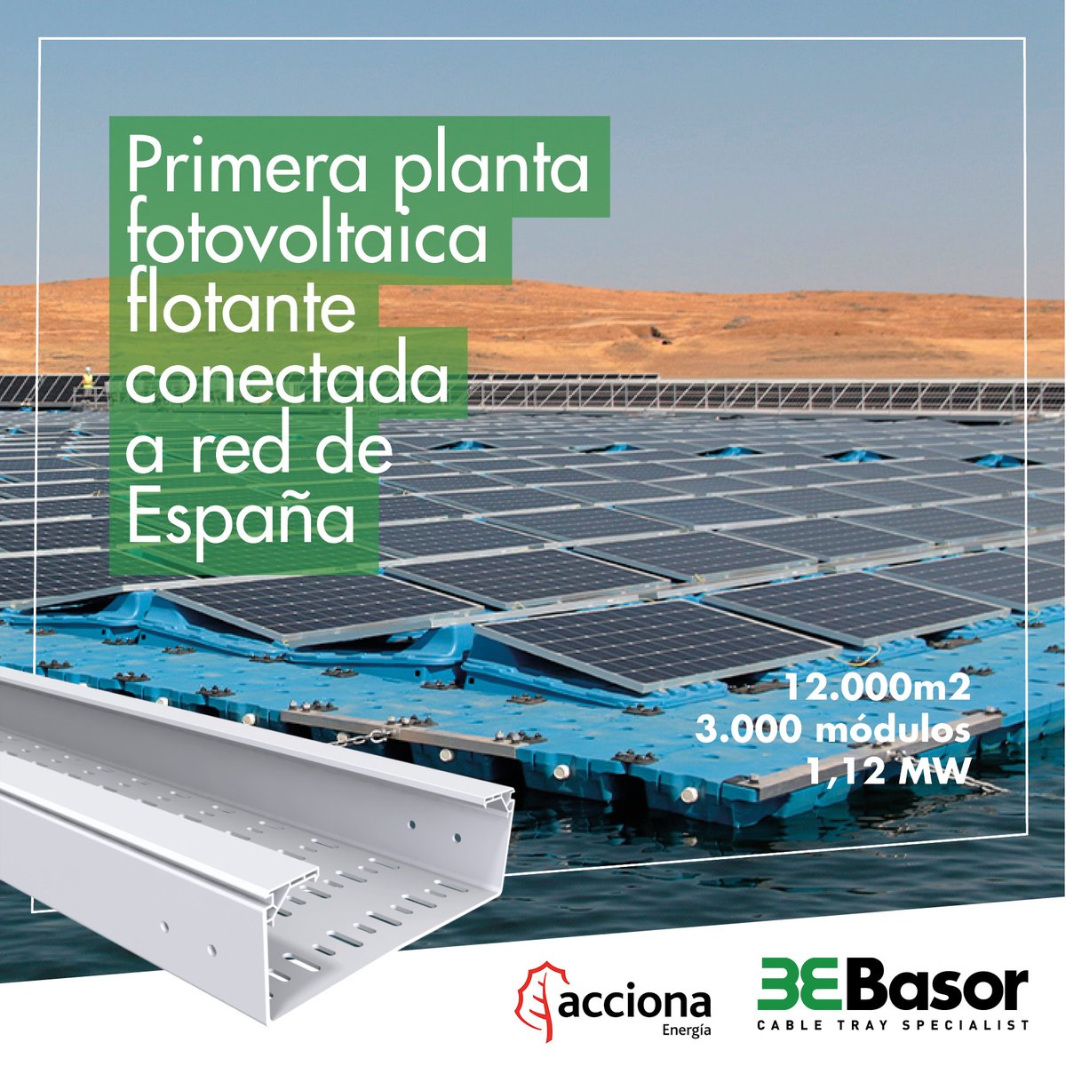 BasorElectric's tweet photo. Desde #Basor nos encanta participar en este tipo de proyectos #VERDES de @acciona. Para nosotros es un orgullo que la primera planta fotovoltaica flotante conectada a la red eléctrica de #España 🇪🇸 haya sido instalada con nuestras bandejas plásticas #Basorplast #BPE.
#BeGreen!💚 https://t.co/UL0oX52s1q