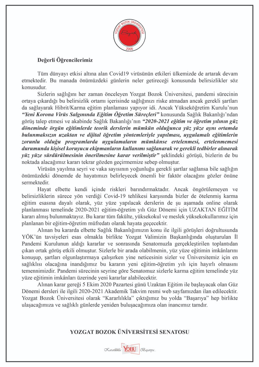 Üniversitemiz Senatosu 2020-2021 eğitim-öğretim yılı Güz Dönemi Eğitim Planını açıkladı.