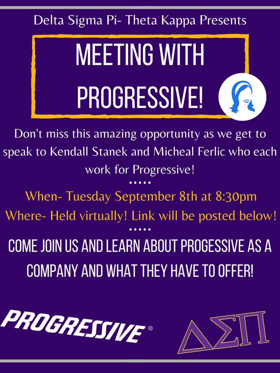 DeltaSigmaPi_UA's tweet photo. Don’t miss out on our professional event tonight!
We will be hearing from 2 employees from Progressive!
It is at 8:30 pm and will be virtual, link in bio!
Can’t wait to see you there! https://t.co/njZPo6NTfM