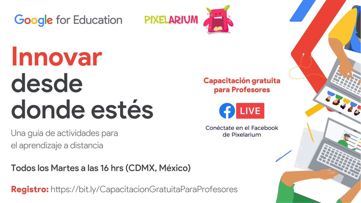 PixelariumHub's tweet photo. 😎Hoy comenzamos con las sesiones de “Innovar desde donde estés” una guía de actividades de #Google para #profesores y #Padres de familia. 🚀 https://t.co/oQ5jvijrH7