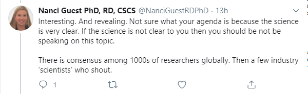 It's presumptuous (& wrong) to say evidence is "clear" in fields as young as these. This is exactly why we *should* be speaking on this topic: to counter people like you making vastly premature pronouncements about what is clearly *not* "clear." Thread. 1/n  @NanciGuestRDPhD