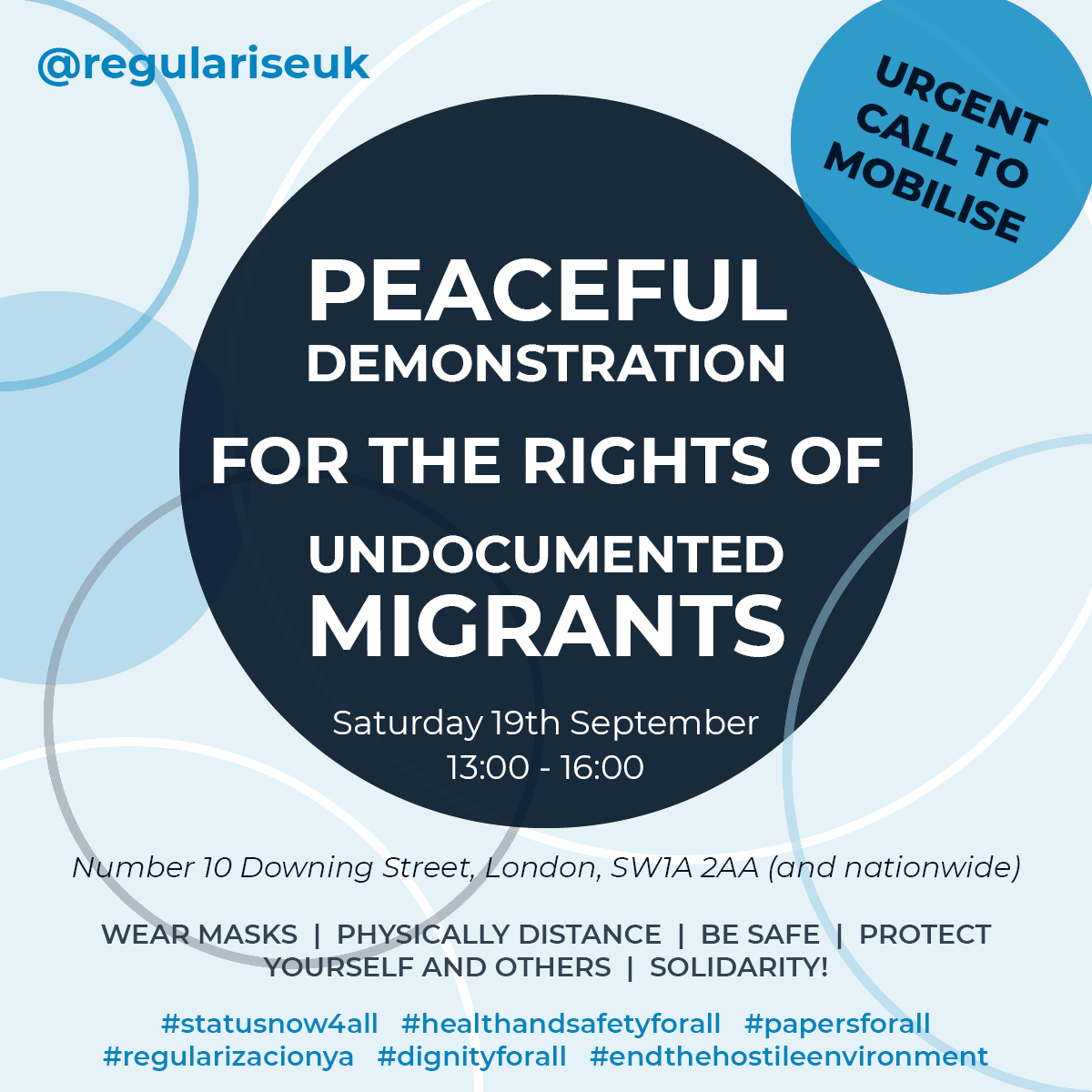 RegulariseUK's tweet photo. 📣MIGRANT RIGHTS ARE HUMAN RIGHTS📣
Join us on Saturday 19 September to stand in solidarity with ALL who are undocumented & living through the UKs hostile immigration system. We also remember those who have lost their lives.
#statusnow4all #healthandsafetyforall #dignityforall https://t.co/B9YXyEJOje