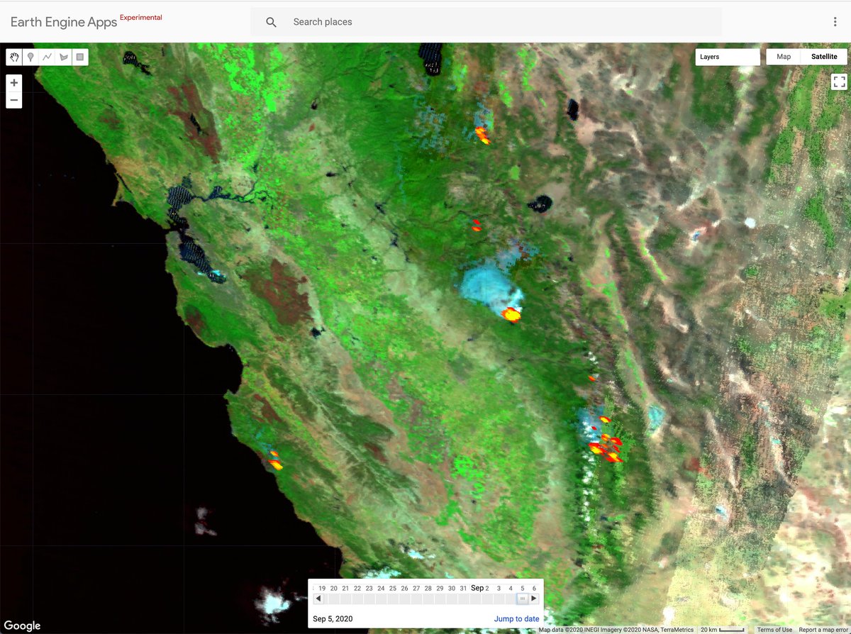 jeffgeographer's tweet photo. A simple #EarthEngine #wildfire app to compare FIRMS and false color MODIS. FIRMS is two days and MODIS is three days behind now, but still helpful for historical inquiry. https://t.co/n1t6YKlp22 https://t.co/UiJrE2wdwX
