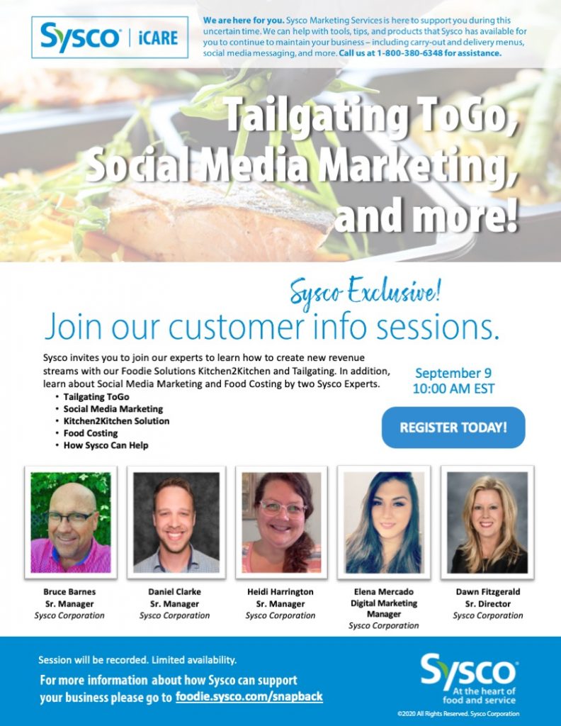 Sysco_NTX's tweet photo. #repost @syscofoodie

Wednesday, September 9th we invite you to join our experts to learn how to create new revenue streams with our Foodie Solutions Kitchen2Kitchen &amp; Tailgating, as well as Social Media Marketing and Food Costing.

REGISTER today at https://t.co/2EllybI99j! https://t.co/F2VOGFjg0q