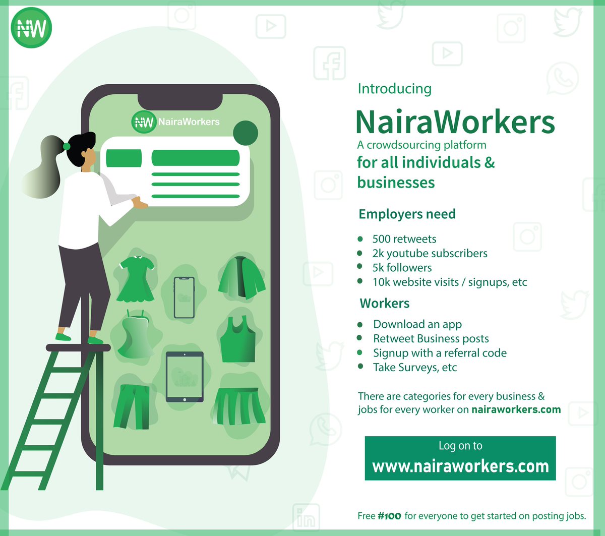 Nairaworkers is a freelancing, outsourcing and crowdsourcing marketplace.

Through our marketplace, clients can hire freelancers to do work in areas such as promoting on social networks, writing, testing websites, installing and testing mobile apps, watching youtube videos...