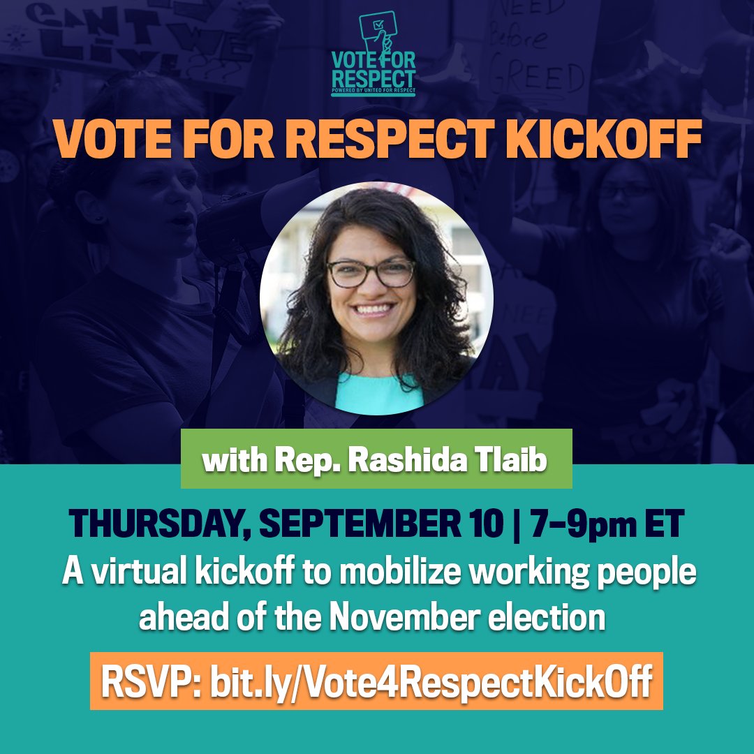 forrespect's tweet photo. Join us this Thursday, September 10 at 4pm PT / 7pm ET to kick off our Vote for Respect Program with special guest @RepRashida 🎉
https://t.co/JbKP4vqFi1 https://t.co/1o0jwy6IDQ