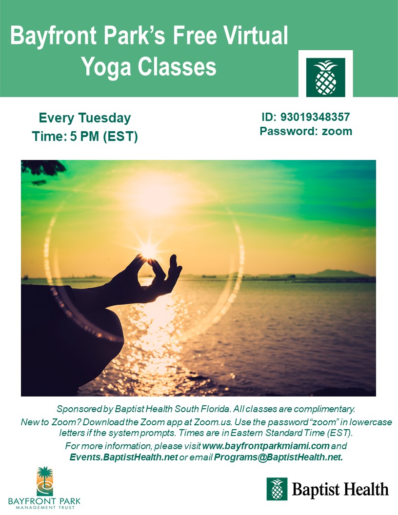 In an effort to aid in social distancing efforts &amp; minimize the risk of COVID-19, Bayfront Park's #FREE #yoga classes are going virtual! Join us virtually via #Zoom every Tuesday at 5 p.m. for FREE yoga sponsored by <a href="/BaptistHealthSF/">Baptist Health</a> #community #fitness #BayfrontPark