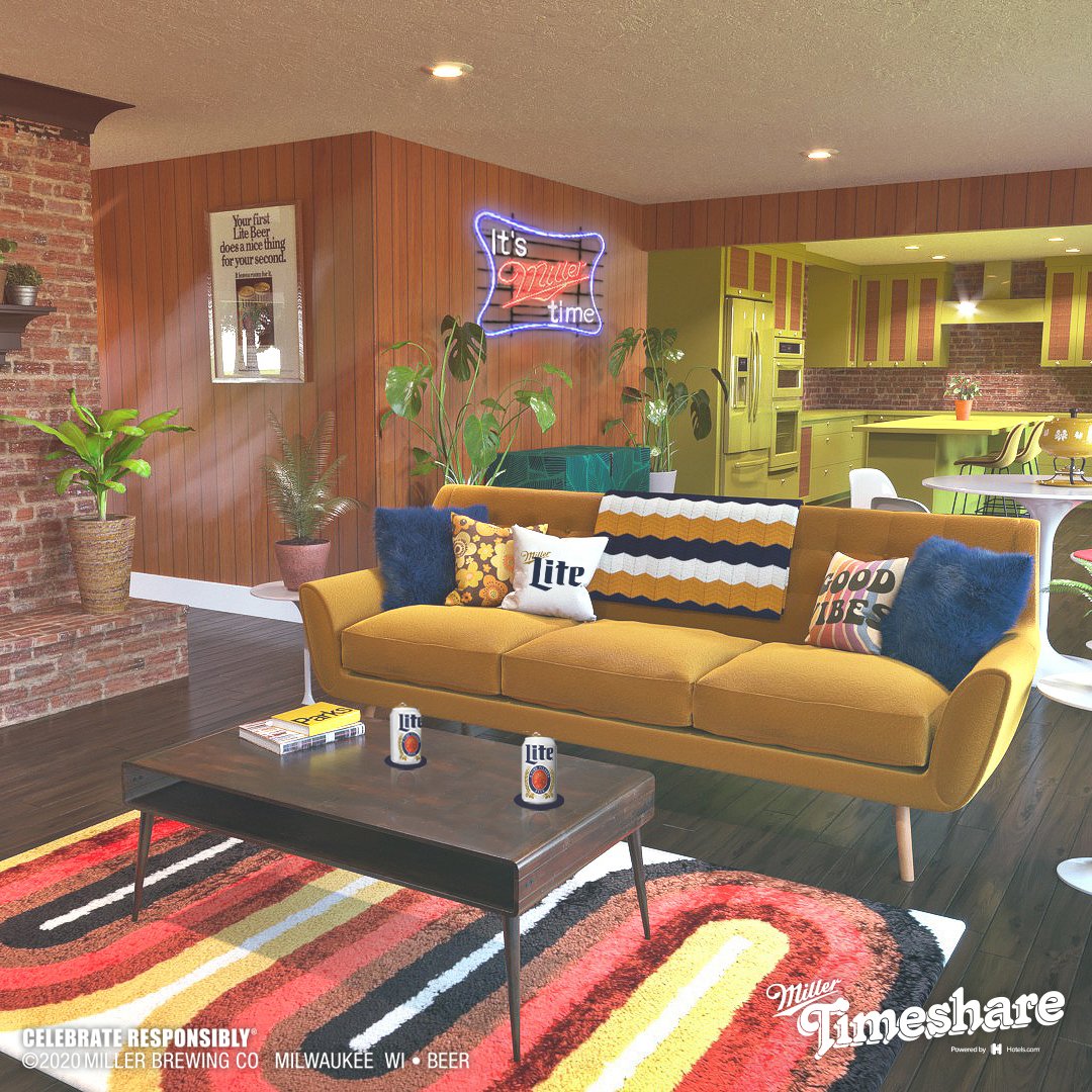 McCraithBev's tweet photo. The #MillerTimeshare here, bringing you a 1975 vibe from @MillerLite. Check it out at https://t.co/hRKIClnWnH. Booking is live now! https://t.co/a85uIviIXl