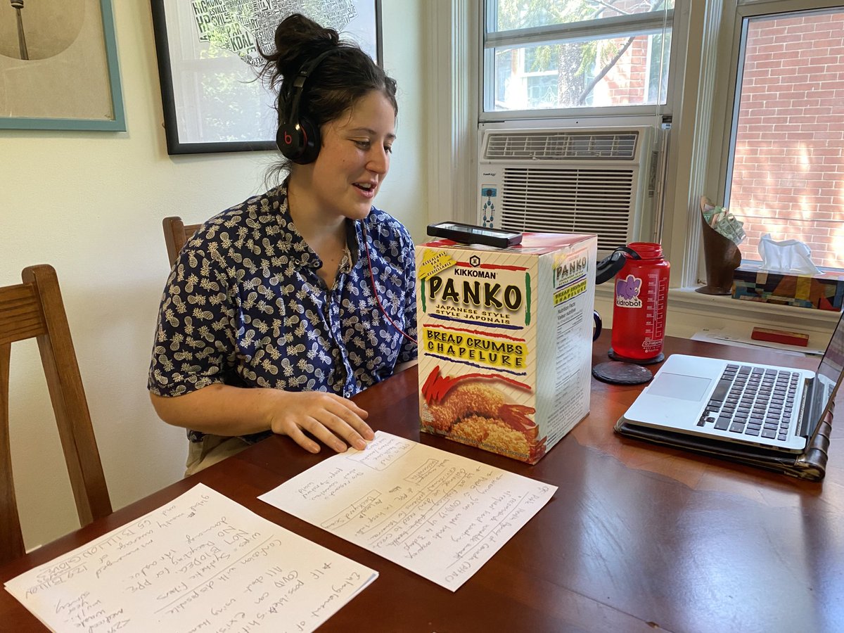 JustineAmmendo1's tweet photo. I had the pleasure of interviewing with @CBCQuirks last week about the #PPEtracking @jackie_saturno and I have been doing in #Toronto. Stoked that my professional office setup didn’t crumble #pankostand https://t.co/F67o8A8W09