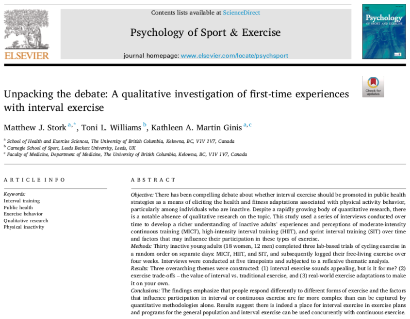 Our new qual study unpacks the interval exercise debate. There’s not one ‘best’ form of exercise for all; #HIIT &amp; #SIT are simply options (along w continuous exercise) that ppl can adapt according to fitness levels &amp; needs. Progression is key. Free dnload: sciencedirect.com/science/articl…