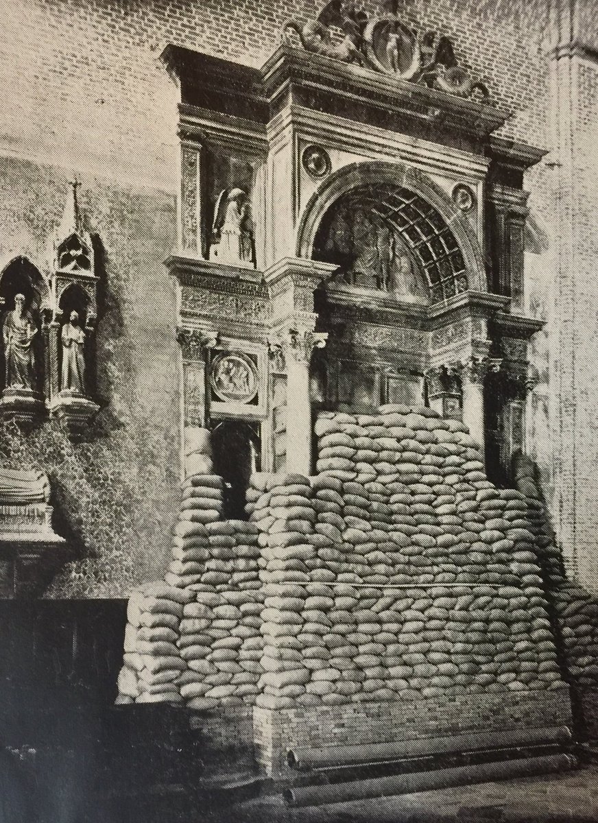 Sandbag structures built to protect Venetian artworks during the First World War