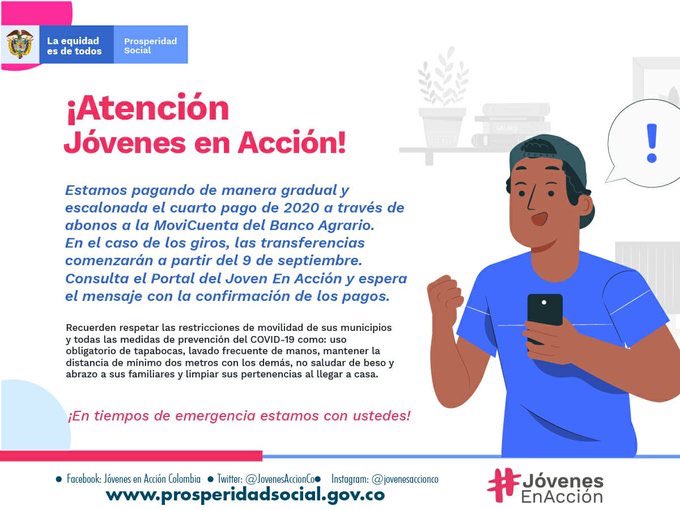 ProsperidadCol's tweet photo. Atención @JovenesAccionCo: ya se está abonando el cuarto incentivo del año a sus MoviCuenta. Los participantes que retiran por la modalidad de giro, los empezarán a recibir desde el 9 de septiembre. Recuerden ir a cobrar solo cuando reciban el mensaje de texto de confirmación. https://t.co/qMjFtsnFQN