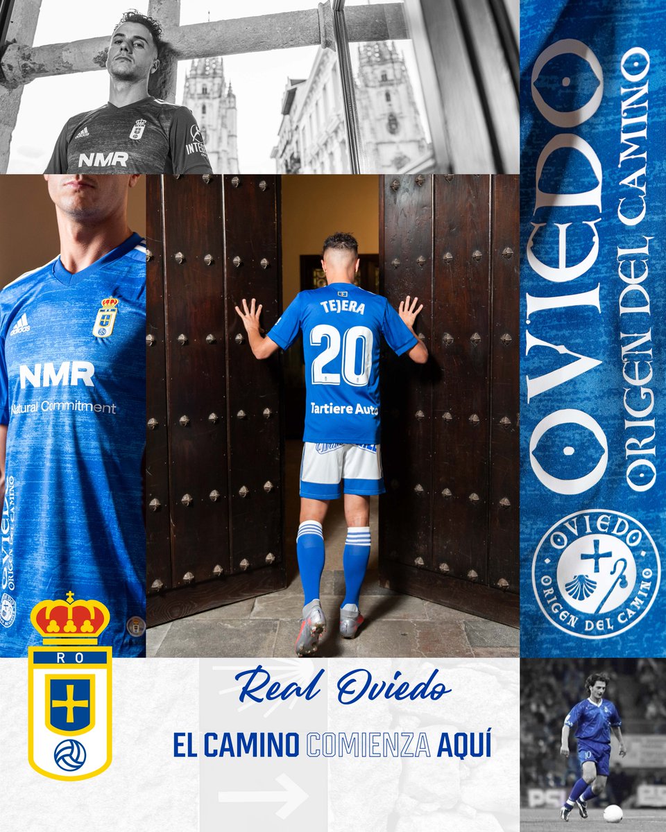 Shirt: HOME The Oviedo home shirt is blue with patterns on it that you only notice when you see it up close. In Oviedo they are very proud of their heritage and culture, so it's no surprise that the shirts were unveiled under the slogan  #ElCaminoComienzaAquí