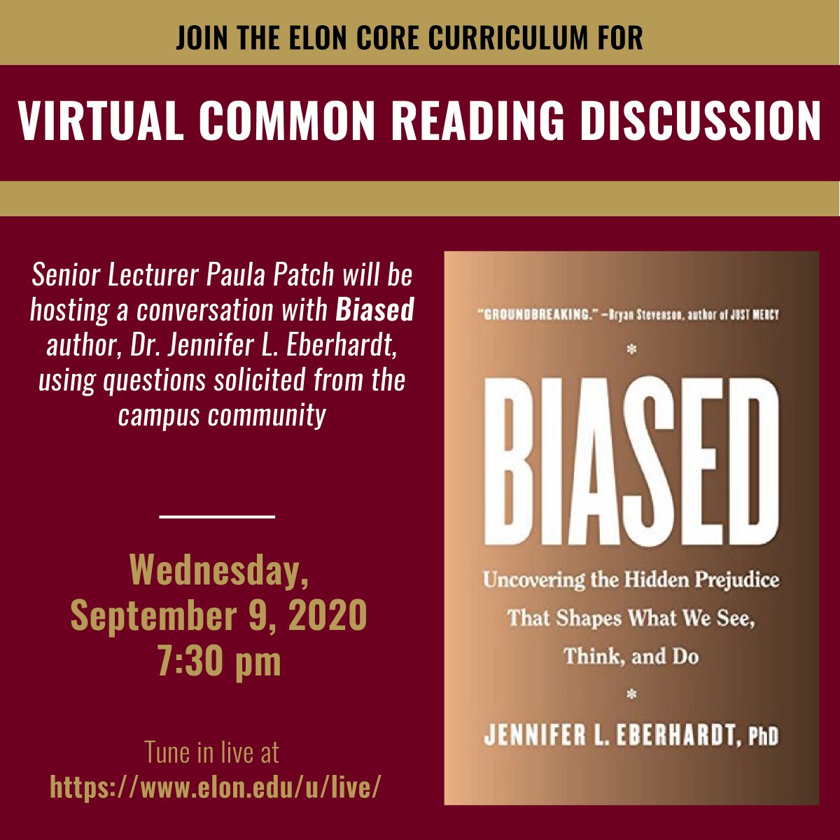 Live conversation with <a href="/elonuniversity/">Elon University</a> Common Reading author Dr. Jennifer L. Eberhardt tomorrow night. Assistant Director of First-Year Initiatives @profpatch will be asking questions contributed by students and other Elon community members.
