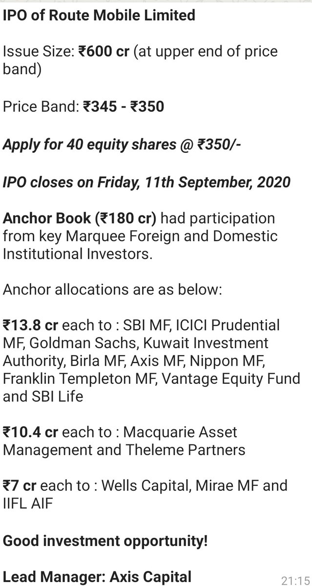 MrRChaudhary's tweet photo. #IPO #RouteMobileLimited
All the Details in a Snapshot 👍 https://t.co/ZHp8QN22JE