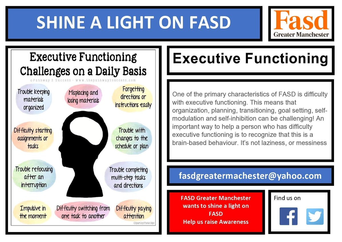 Executive functioning challenges impacts on everyday life. It is important to support, teach skills like breaking things up into manageable steps, using visuals or using technology to assist. You can use a person's strengths, skills gained to build upon #PFA
#FASDDayUK