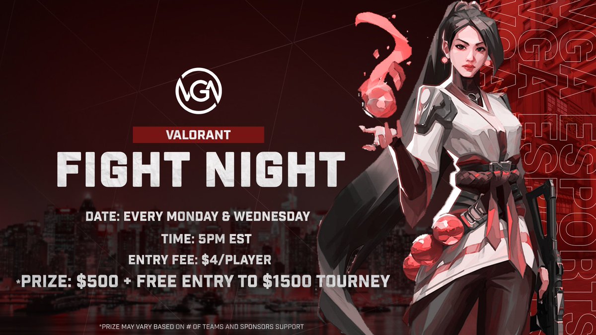 TheTeamVGA's tweet photo. Excited to announce our first Tournament.
We'll run these every Mon/Wed/Friday (Larger Prize Pool)
The plan is to give some competition and scrim alternatives during the week.
Register over at: https://t.co/QkO3AfLBil
@PlayVALORANT
#VGA #VGAFightNight https://t.co/tAkQsuVPW9