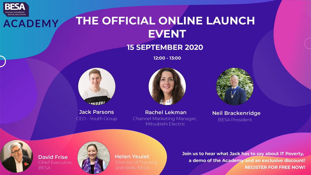 🥳🥳OFFICIAL LAUNCH - BESA Academy🥳🥳
Join <a href="/JacksonRParsons/">Jackson Parsons</a>, Rachel Lekman of <a href="/meuk_les/">Mitsubishi Electric</a>, Neil Brackenridge, BESA President and <a href="/WatesGroup/">Wates Group</a>, @outsidewrecker4 and <a href="/HelenYeulet/">Helen Yeulet</a> Tues 15 Sep 12-1pm
Register here attendee.gotowebinar.com/register/59571…