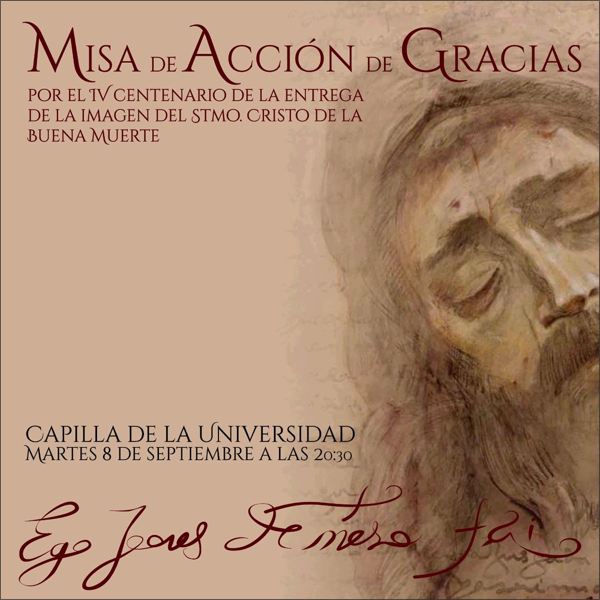 Estudiantes_Sev's tweet photo. CULTOS | Recordamos que para asistir a la misa de acción de gracias por el #CuartoCentenario de la fecha de entrega del Cristo de la #BuenaMuerte es obligatorio el uso de mascarilla

📅 8 spbre 

🕣 20.30

👥 Aforo 80 personas, una vez completado, no se podrá acceder a la capilla https://t.co/K8publlVgI