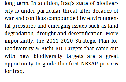 Its noteworthy that CBDs report from conflict-affected countries do note how wars impacted  #biodiversity. A small thread here, starting with  #Iraq latest (yet outdated) contribution  https://www.cbd.int/doc/world/iq/iq-nbsap-01-en.pdf