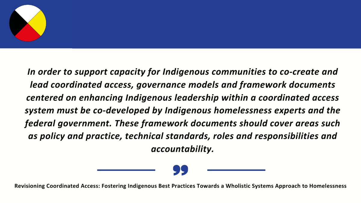 To support capacity for Indigenous communities to co-create &amp; lead coordinated access, governance models &amp; frameworks on Indigenous leadership within coordinated access systems must be co-developed by Indigenous #homelessness experts &amp; the federal gov't: bit.ly/31dslsg