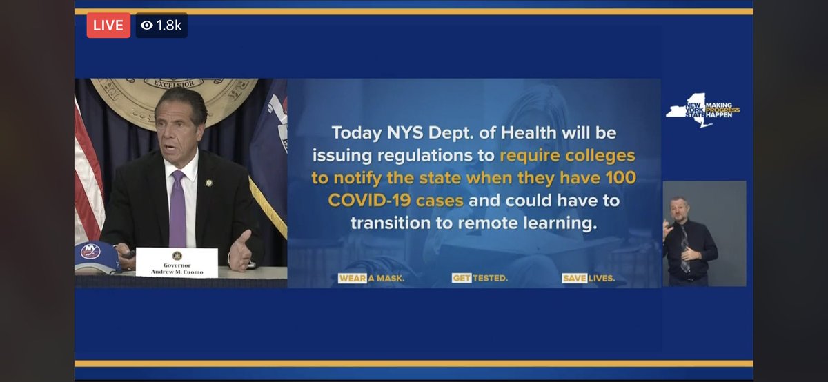 NEW: <a href="/NYGovCuomo/">Archive: Governor Andrew Cuomo</a> heavily criticized numerous NY state colleges for recent #COVID outbreaks in today’s press conference.

Colleges are now REQUIRED to publicly provide the state COVID stats.