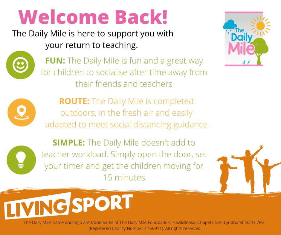 Living_Sport's tweet photo. We are so glad to be welcoming all of our The #DailyMile schools back! The Daily Mile can support you as you get #BackToSchool with its fun, simple set up, which can be done outside whilst socially distanced and it is completely free! #WelcomeBack  #TeachersLife #FitforLearning https://t.co/7ddt3uuvnb
