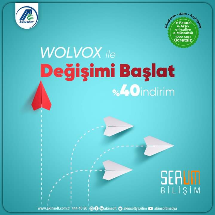 WOLVOX ile Değişimi Başlat.
%40 indirimle 1000 adet ücretsiz e-Fatura, e-Arşiv ve e-İrsaliye fırsatıyla.
Bilgi: 0850 224 83 43, serumbilisim.com
#wolvox #erp #yazılım #program  #ticariyazılım #efatura #earsiv #edonusum #yerli #teknoloji  #akinsoft #serumbilisim #bursa