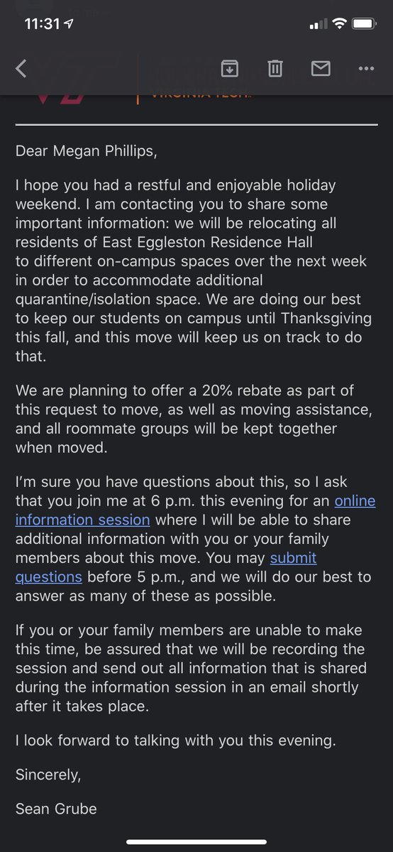 scramblymegg's tweet photo. thanks @virginia_tech for not anticipating that you’d need more than 1 dorm for isolation so now all my friends and I have to split up and be shoved in spare rooms in dorms all across campus🤪 https://t.co/bKVCaBhbZk