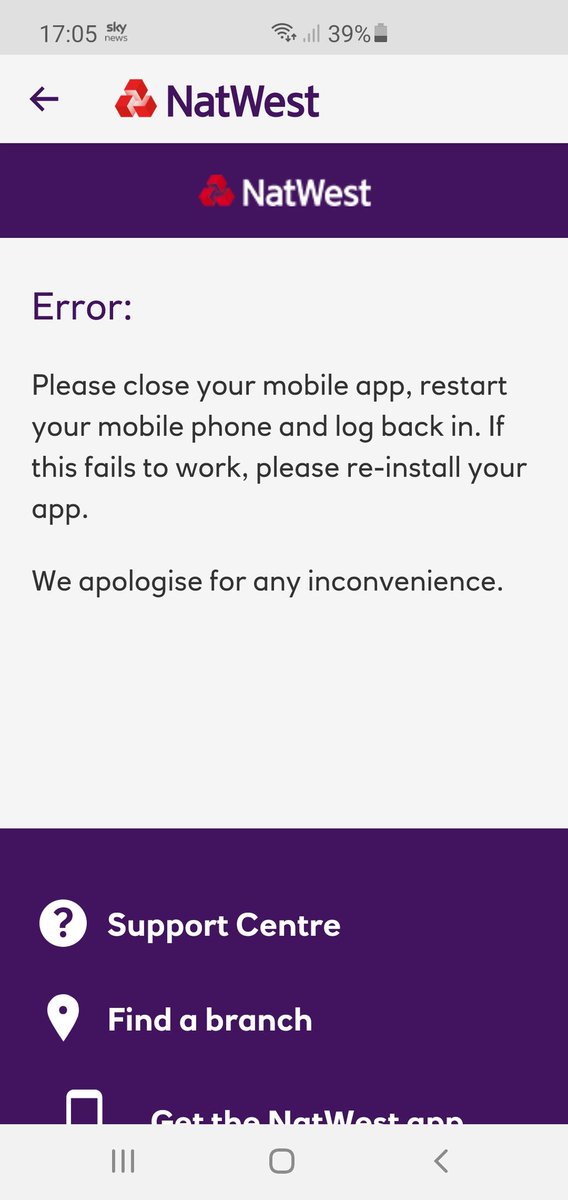 Simoneybee's tweet photo. @NatWest_Help hi I've having issues with banking app.  Getting an error message saying access has been blocked then it says the attached.  I've reinstalled twice now &amp; still not working?? https://t.co/0Ri82rhR8T
