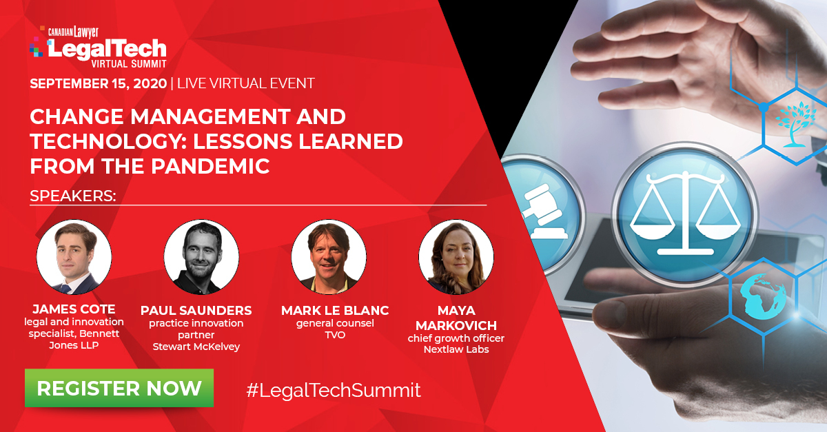 jamesjosephcote's tweet photo. Next Tuesday, September 15, at the #LegalTechSummit, I'll be discussing change management with @markaleblanc @MarkovichMaya @_PaulSaunders. Join us as we discuss lessons learned for @CanLawMag 
https://t.co/B4JItW3Rz8 https://t.co/wGkcvKeHb1