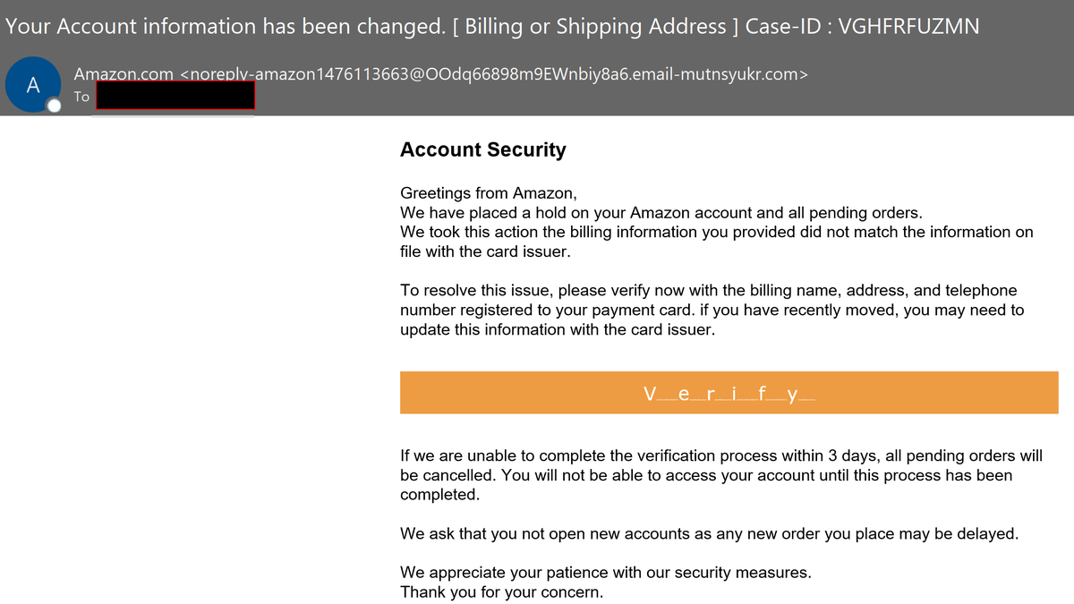 gsurya's tweet image. #Phishing is getting so clever &amp;amp; dangerous  - even I was almost fooled by this authentic looking mail, as I had placed quite a few orders on Amazon recently. 

If this can happen to tech savvy guys like me, consider the vast majority. #InternetFraud #cybersecurity #cyberfraud