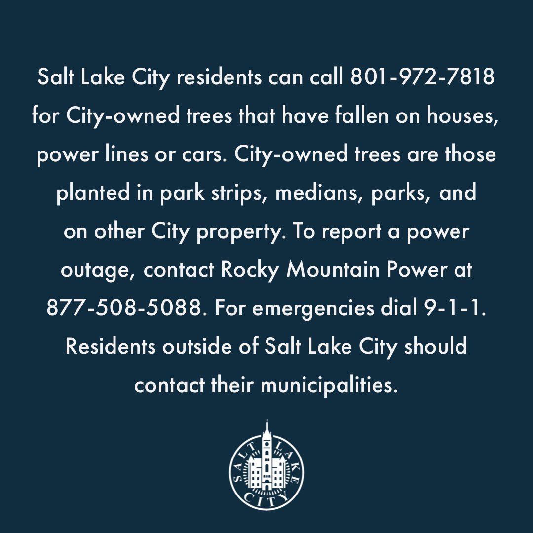 SLCgov's tweet image. #SLC ⚠️ UPDATE: 
Salt Lake City residents can call 📞📲 801-972-7818 for City-owned trees that have fallen on houses, power lines or cars. City-owned trees are those planted in park strips, medians, parks, and on other City property.

#utwx #utwind #utpol #slc