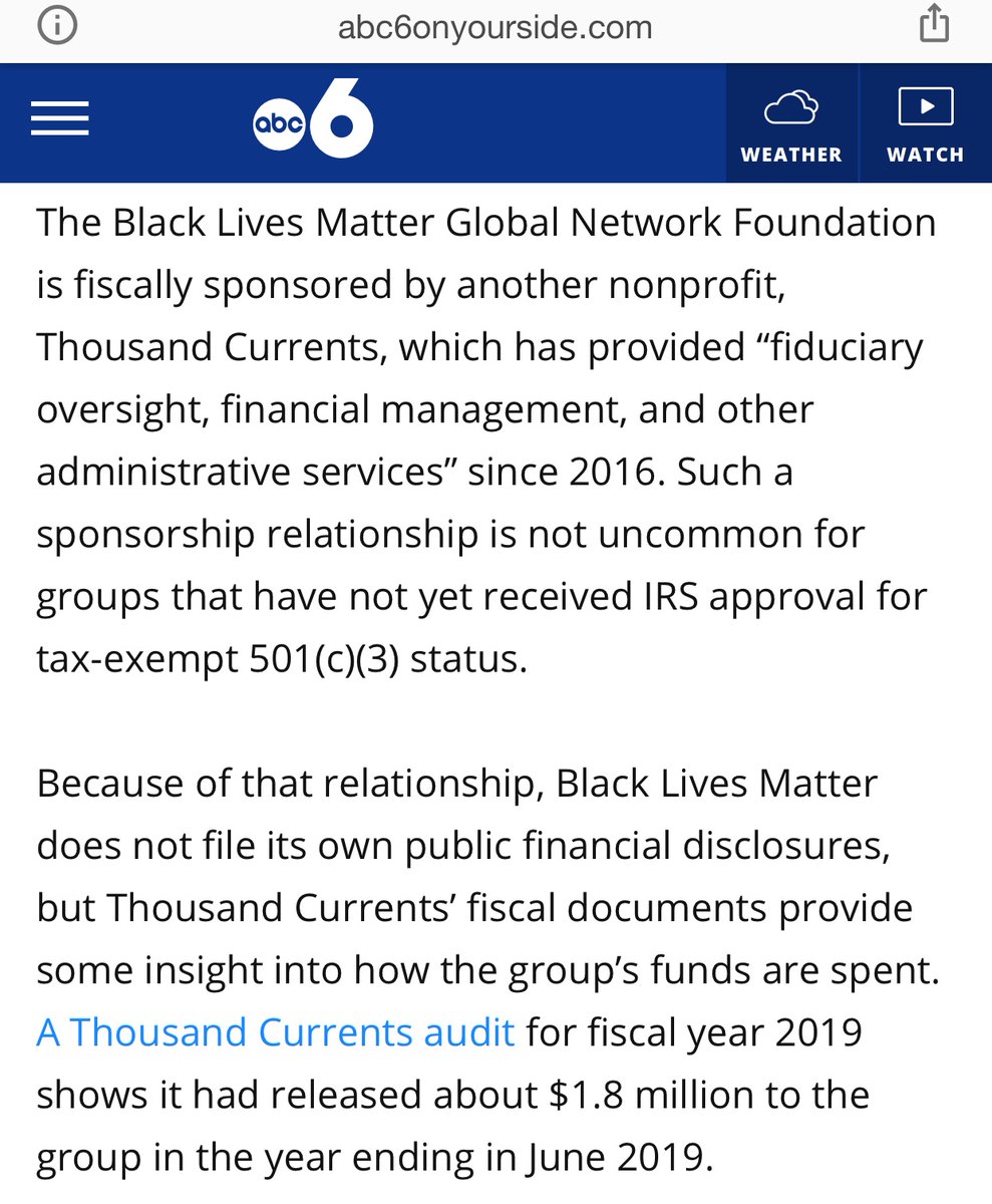 In June, 2020, BLM went under the microscope because millions and millions of donations came pouring in. At that time, because BLM hadn’t received IRS approval for tax-exempt 501(c)(3) status., the were sponsored by Thousand Currents.