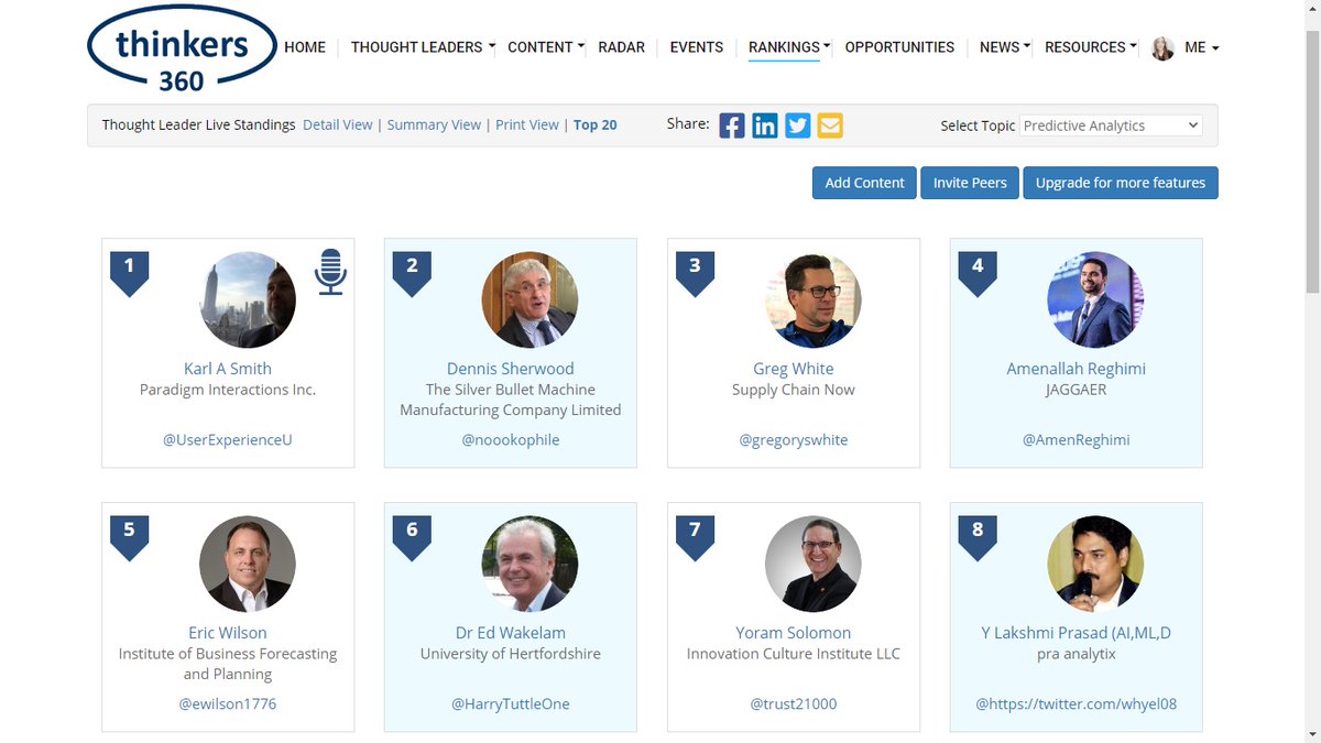 #PredictiveAnalytics Thought Leader &amp; Influencer Leaderboard (Live)

To view or participate (free)  thinkers360.com/tl/users/signup

#ThoughtLeadership #InfluencerMarketing #Technology

Feat. @UserExperienceU <a href="/gregoryswhite/">Greg White</a> <a href="/AmenReghimi/">Amenallah Reghimi</a> @ewilson1776 <a href="/dedramaxx1/">Dedra Allen - @DedraAllenMusic #dedraallenmusic</a> <a href="/NeilRaden/">Neil Raden</a>  <a href="/ChanNaseeb/">Chan Naseeb</a>