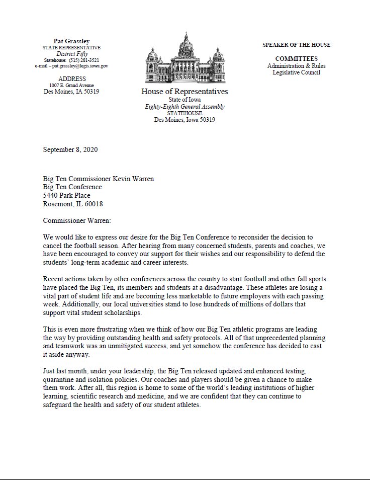 PatGrassley's tweet photo. This morning I joined 9 other leaders from across the Midwest asking the @bigten to reconsider their decision and allow sports to continue safely this fall #LetThemPlay #LetTheB1GPlay #B1GparentsUNITED https://t.co/mcB7qSxxOW