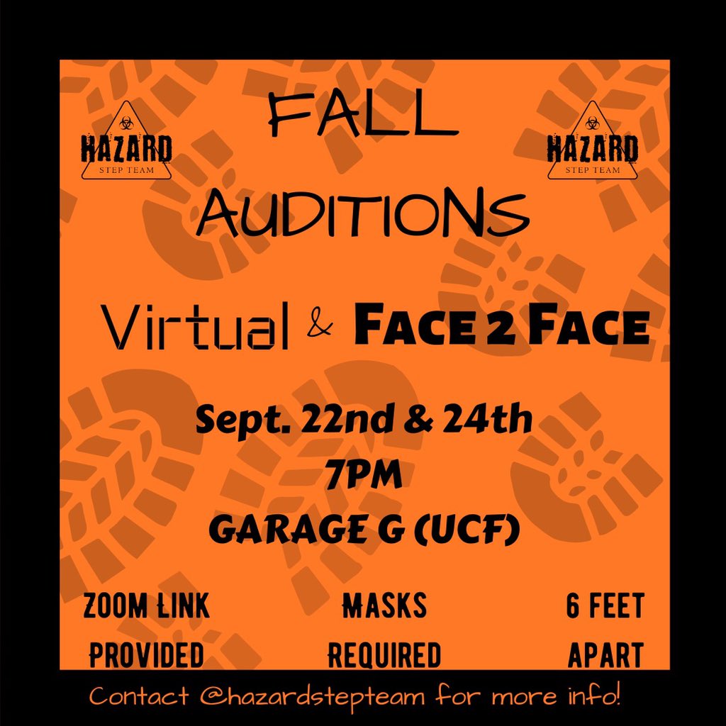 HazardStepTeam's tweet photo. Virtual or In Person the choice is yours! We will be following all precautions for your safety and ours 😷☣️ DM for further information. #HST #WhoWeBe
•
•
#ucf23 #ucf22 #ucf #valenciacollege #valenciacollegeeast #valenciacollegewest #step #dance #stepteams #dancers #Orlando https://t.co/q0Wv2ZY16o