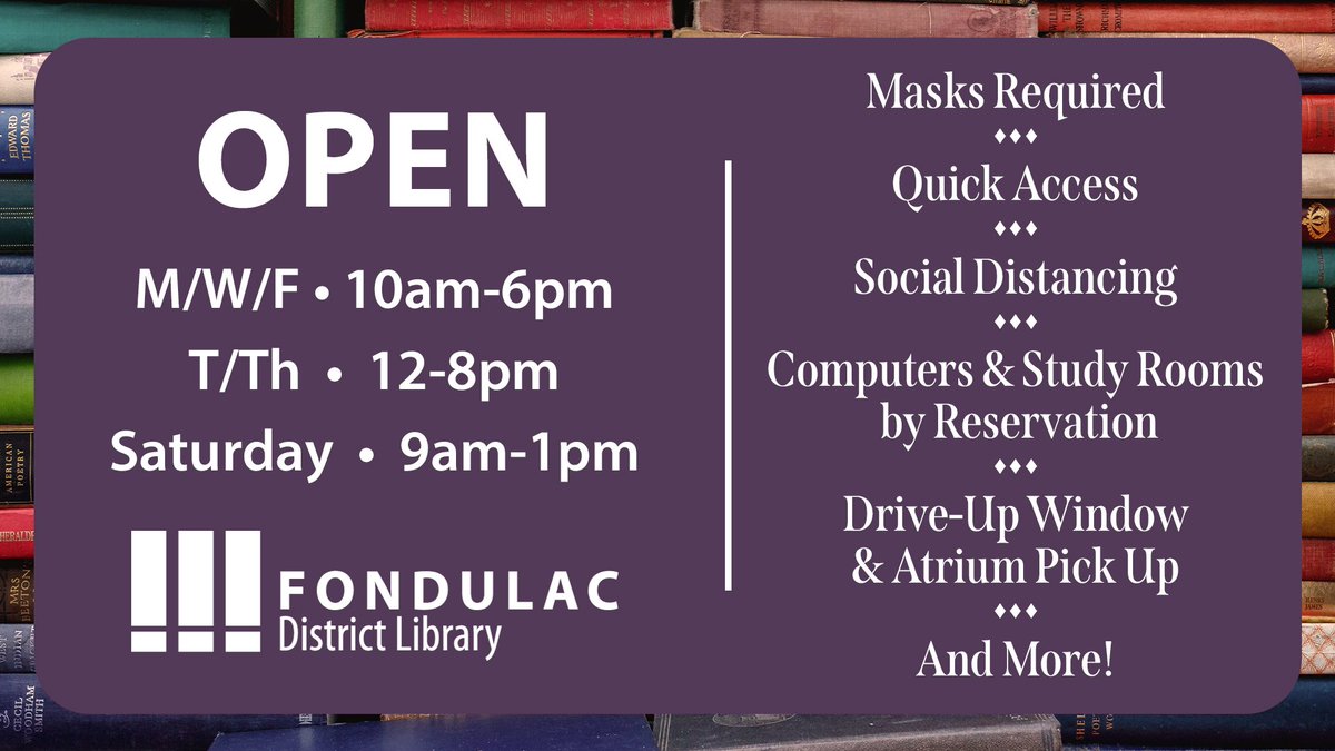Hope everyone enjoyed their weekend! The library is now open M/W/F 10am-6pm, T/Th 12-8pm, and Saturdays 9am-1pm! (Same hours as before minus the 1-hour midday closures.) 

#FondulacLibrary
#NewServiceHours