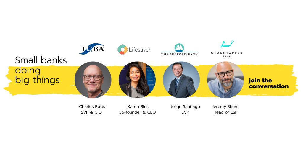 T-1 Day! Excited for a virtual conversation with <a href="/charlesepotts/">Charles E. Potts</a> at <a href="/ICBA/">Independent Community Bankers of America</a>, <a href="/JeremyShure/">Jeremy Shure</a> at <a href="/grasshopperbank/">Grasshopper Bank</a>, and Jorge Santiago at <a href="/TheMilfordBank/">The Milford Bank</a>.

See you tomorrow, September 9 at 3:30PM ET!

Register: us02web.zoom.us/webinar/regist…

Questions: docs.google.com/forms/d/e/1FAI…