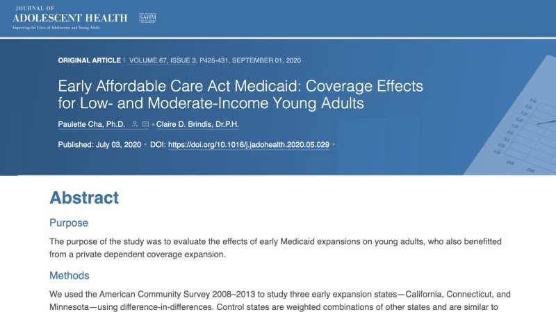 New in @JAdolesHealth: Early Affordable Care Act #Medicaid: Coverage Effects for Low- and Moderate-Income Young Adults. Paulette Cha, @UCBerkeleySPH, @CBrindis @UCSF_IHPS @UCSF jahonline.org/article/S1054-…